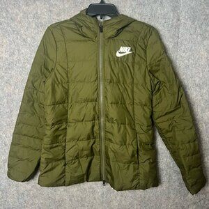 Nike Woman Size Medium Forest Green Puffer Jacket Duck Down Olive Green